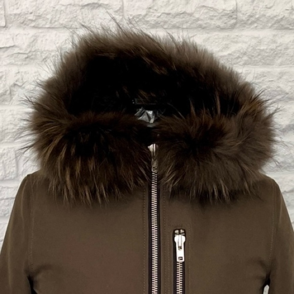 Anthropologie Doma Green Plush Lined Moto Jacket with Fur Trimmed Hood, Size XS - Picture 2 of 8